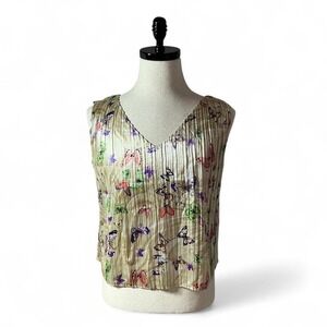 Butterfly Print Sleeveless Top Pleated V Neck Blouse‎ Casual Tank